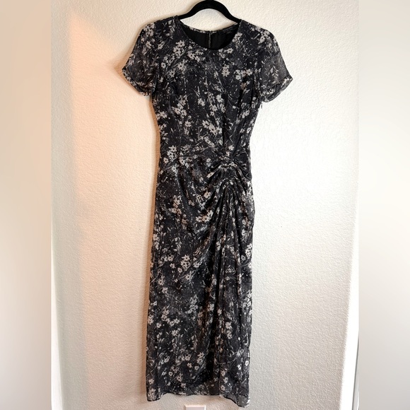 ALLSAINTS Ariya Lisk Floral Print Ruched Drawstring Semi Sheer Maxi Skirt Dress - Picture 6 of 13